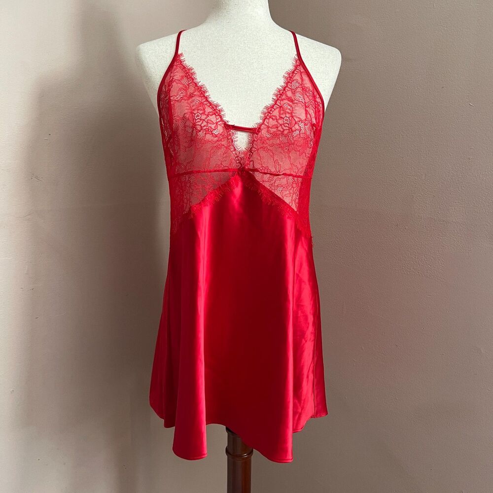 Victoria's Secret Red Lace Satin Slip Dress Whimsygoth Coquette Romantic Size L